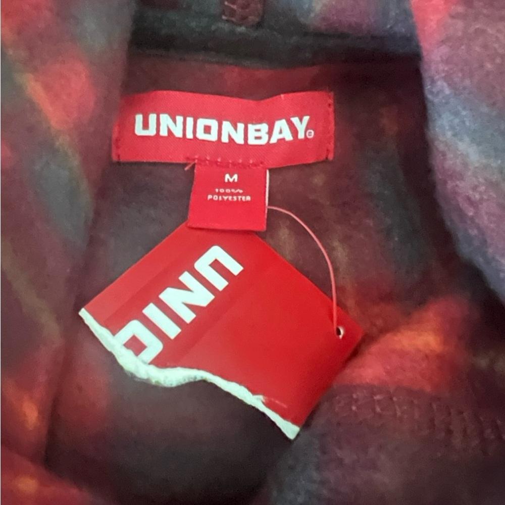 UNIONBAY Men’s NWT Hoodie M Red Plaid Microfleece Soft! - Picture 7 of 10